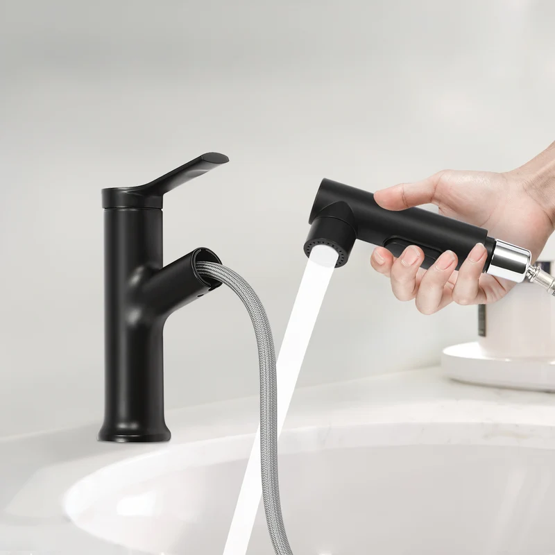 Mitigeur de lavabo noir bas avec douchette extractible de 18 cm