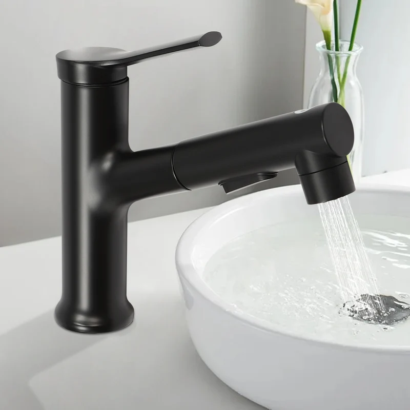 Mitigeur de lavabo noir bas avec douchette extractible de 18 cm