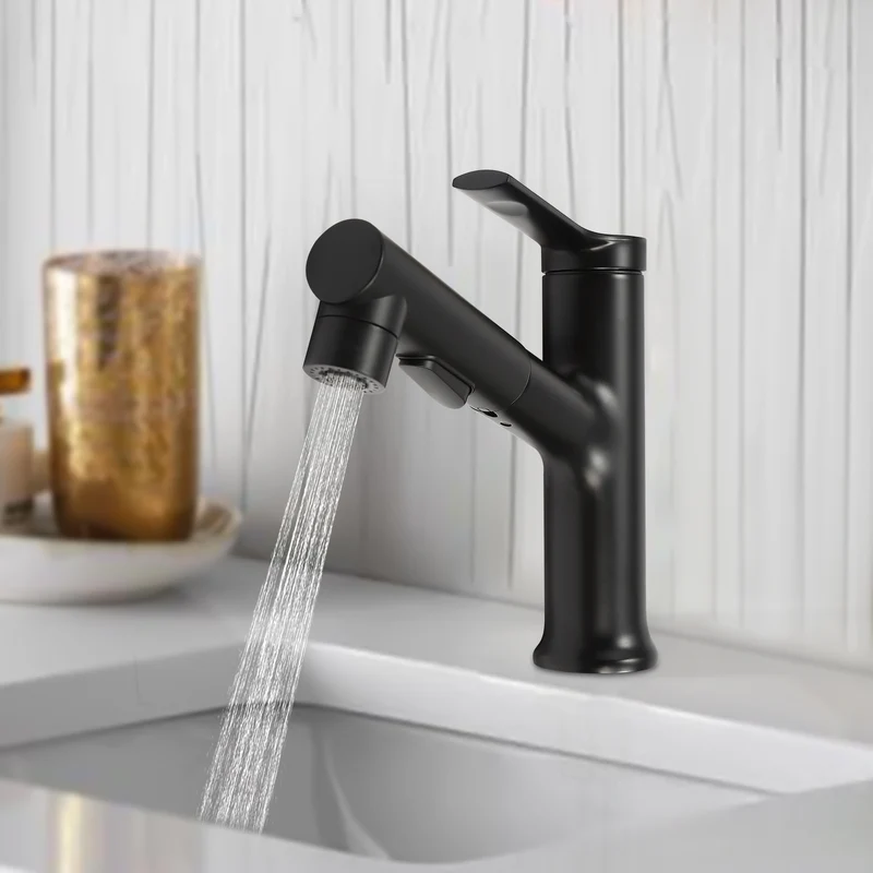 Mitigeur de lavabo noir bas avec douchette extractible de 18 cm