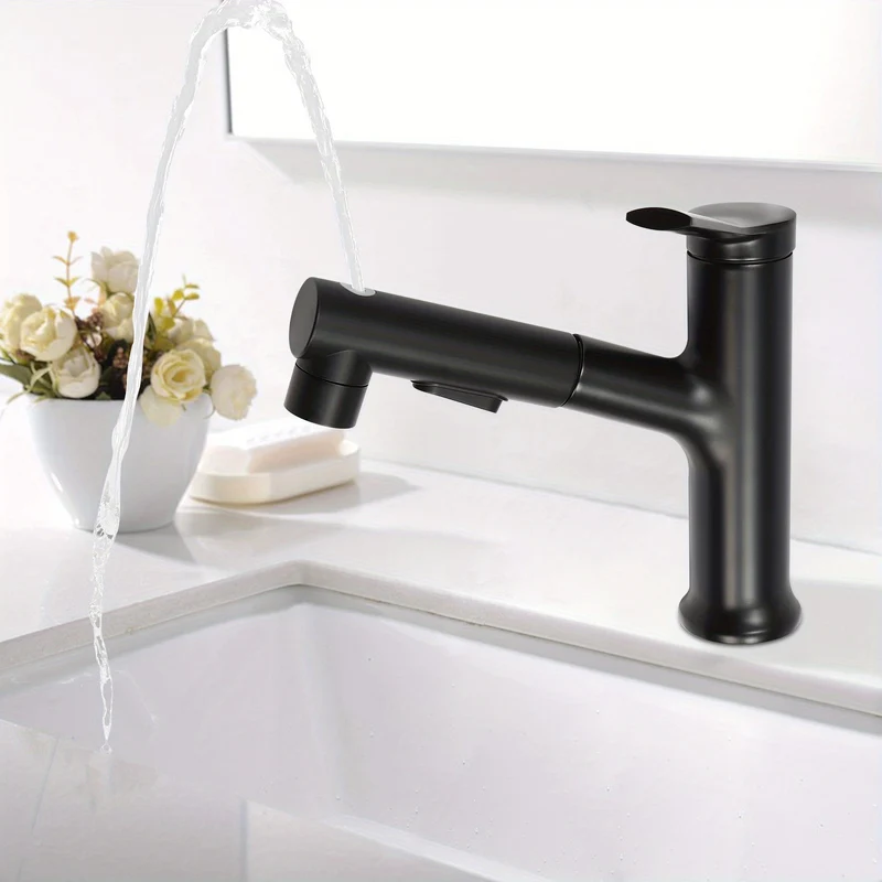 Mitigeur de lavabo noir bas avec douchette extractible de 18 cm
