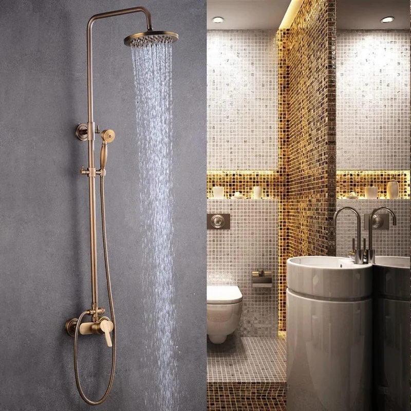 Colonne de douche rétro en bronze avec ciel de pluie rond et douchette