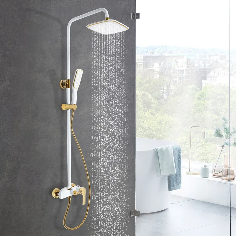Colonne de douche blanche et dorée avec ciel de pluie carré et douchette
