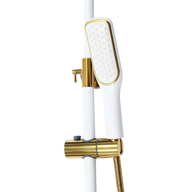 Colonne de douche blanche et dorée avec ciel de pluie carré et douchette