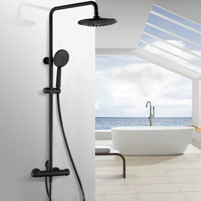 Colonne de douche noire thermostatique avec ciel de pluie rond et douchette