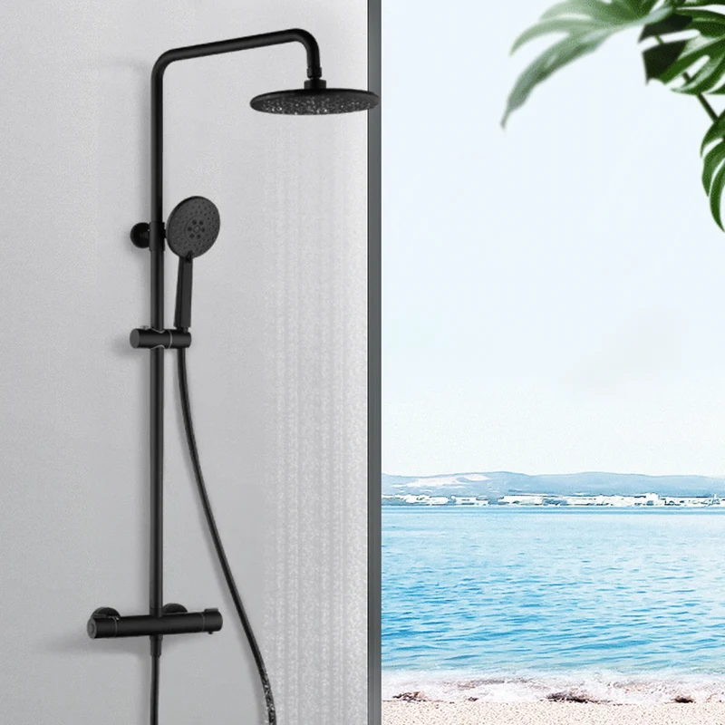Colonne de douche noire thermostatique avec ciel de pluie rond et douchette
