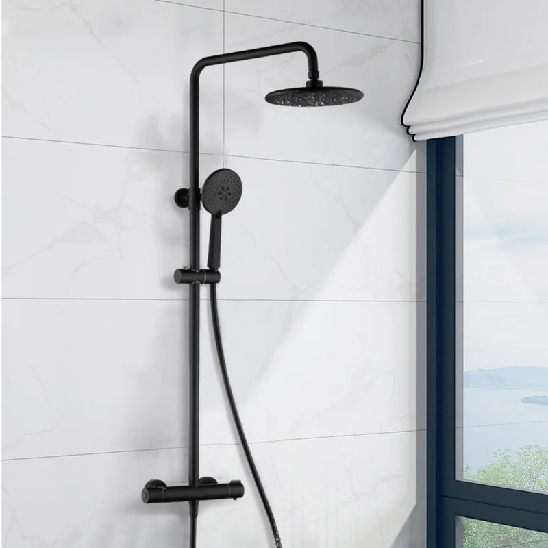 Colonne de douche noire thermostatique avec ciel de pluie rond et douchette
