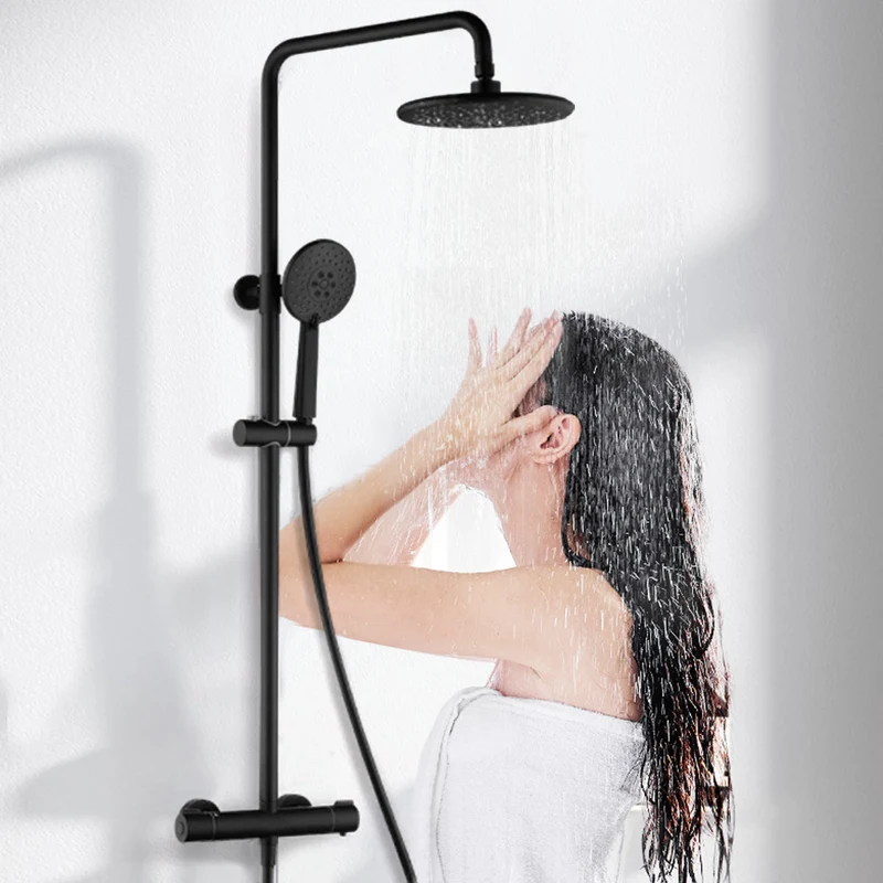 Colonne de douche noire thermostatique avec ciel de pluie rond et douchette