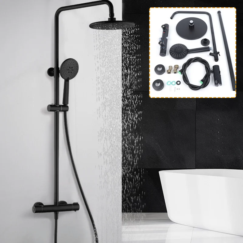 Colonne de douche noire thermostatique avec ciel de pluie rond et douchette