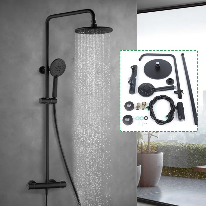 Colonne de douche noire thermostatique avec ciel de pluie rond et douchette