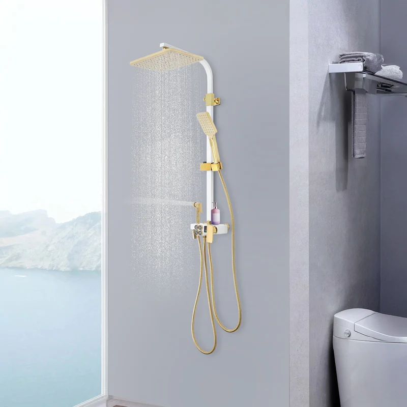 Colonne de douche 4 fonctions blanc et or avec ciel de pluie 34 cm