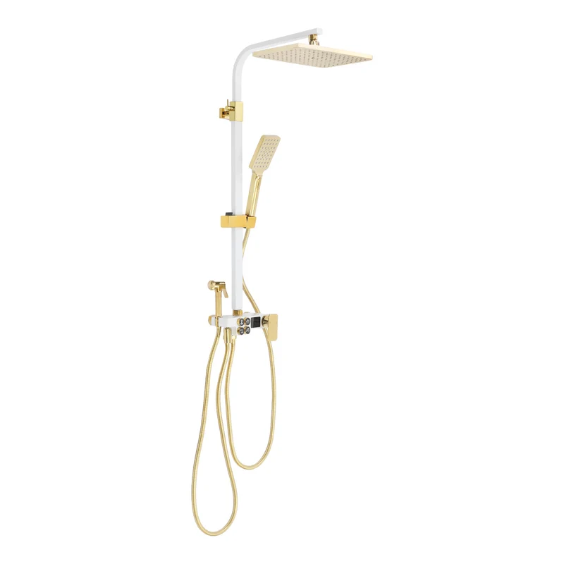 Colonne de douche 4 fonctions blanc et or avec ciel de pluie 34 cm