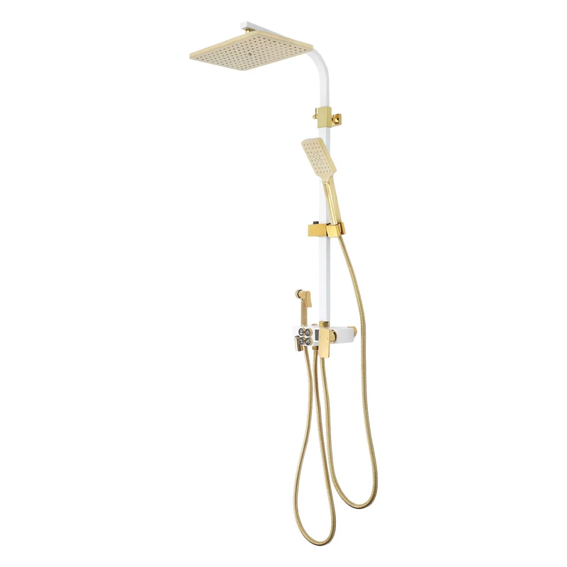 Colonne de douche 4 fonctions blanc et or avec ciel de pluie 34 cm