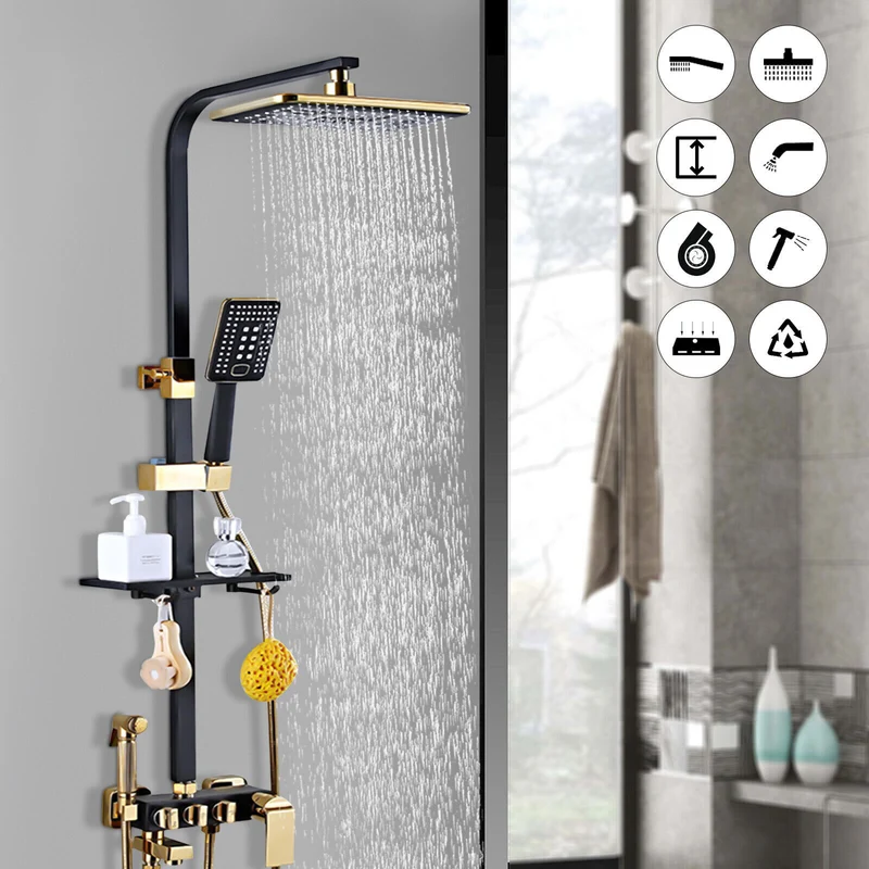 Colonne de douche noire et or 4 fonctions avec tablette et ciel de pluie 34 cm
