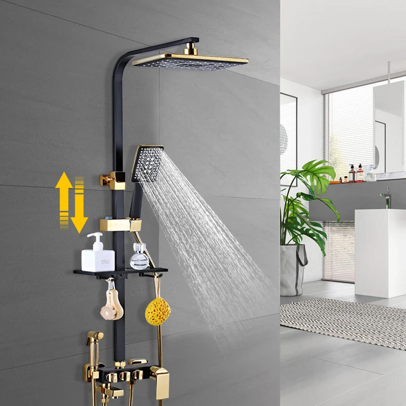 Colonne de douche noire et or 4 fonctions avec tablette et ciel de pluie 34 cm