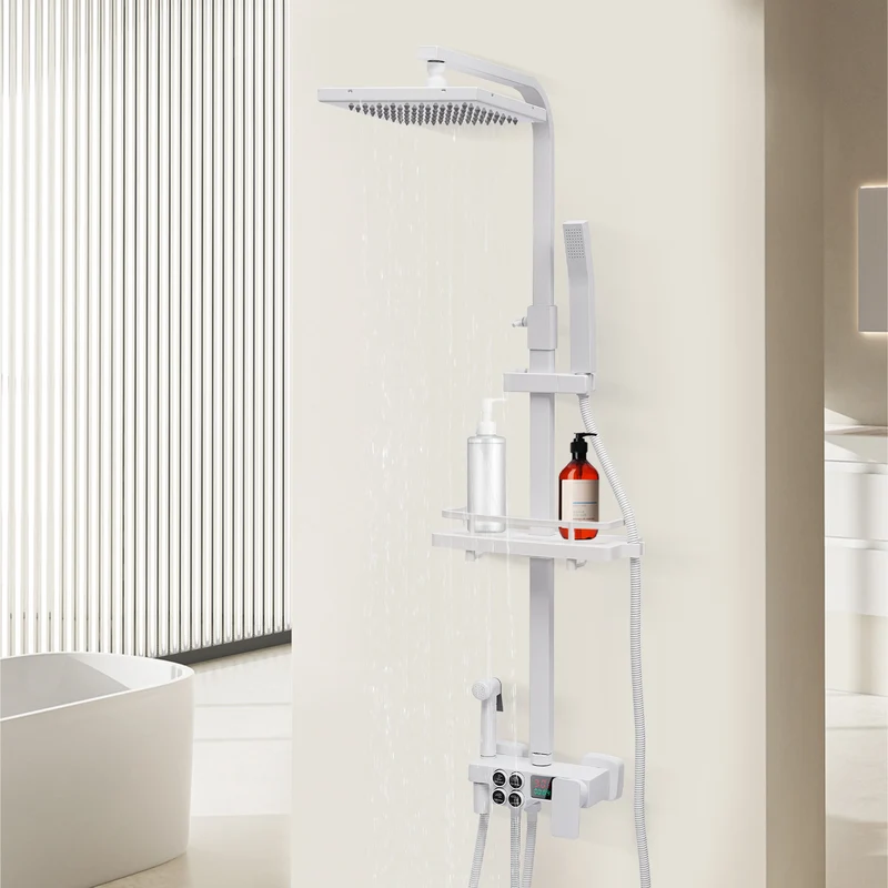 Colonne de douche thermostatique blanche avec tablette et bec de remplissage