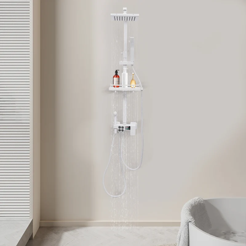 Colonne de douche thermostatique blanche avec tablette et bec de remplissage