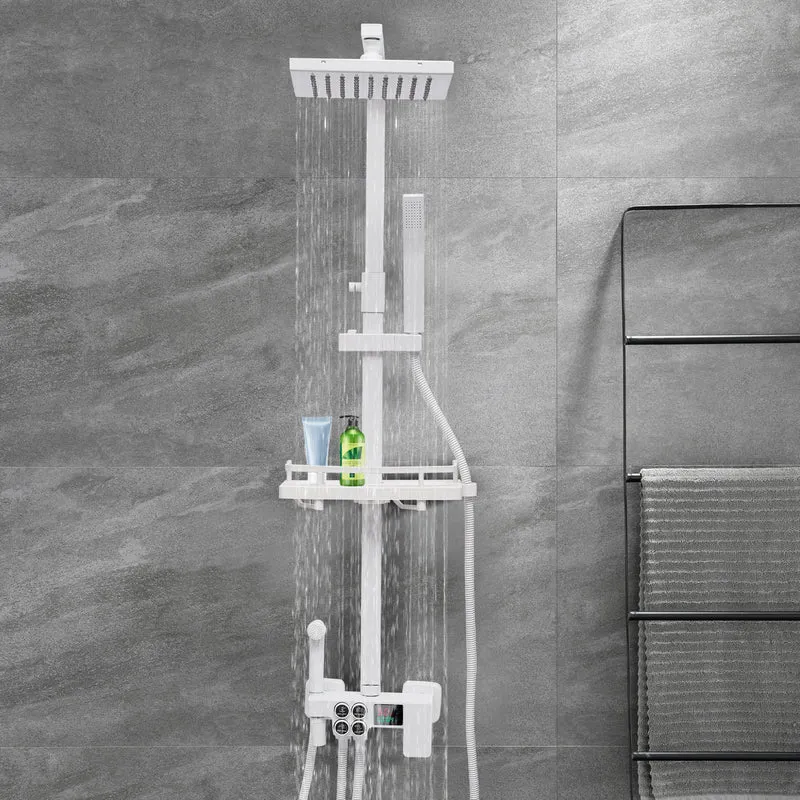 Colonne de douche thermostatique blanche avec tablette et bec de remplissage
