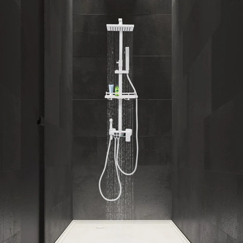 Colonne de douche thermostatique blanche avec tablette et bec de remplissage