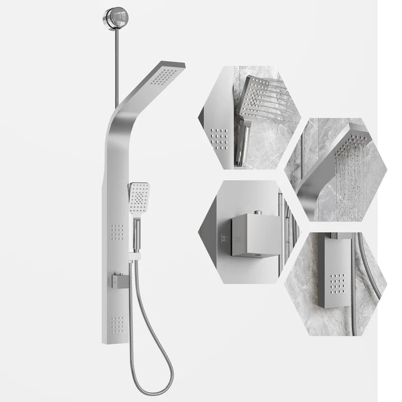 Colonne de douche inox avec bras long de 50 cm et jets de massage