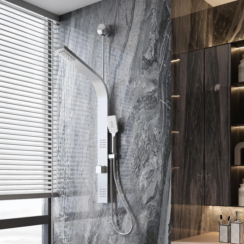 Colonne de douche inox avec bras long de 50 cm et jets de massage