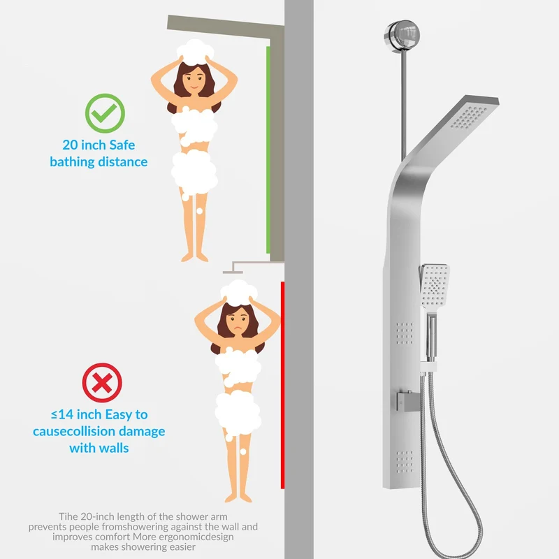 Colonne de douche inox avec bras long de 50 cm et jets de massage
