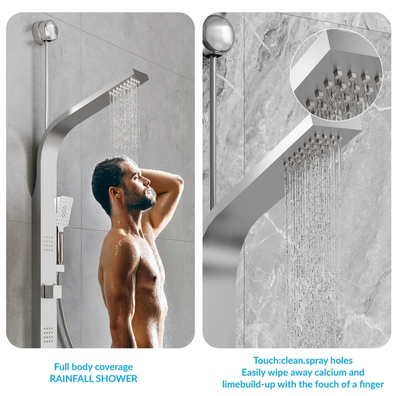 Colonne de douche inox avec bras long de 50 cm et jets de massage