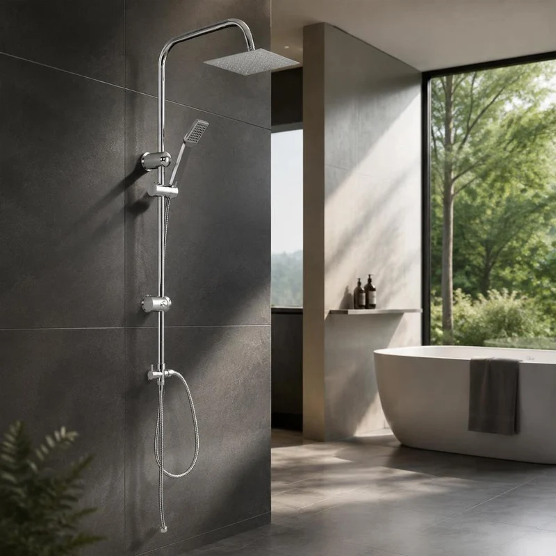 Colonne de douche chrome avec ciel de pluie carré et douchette multi-jets