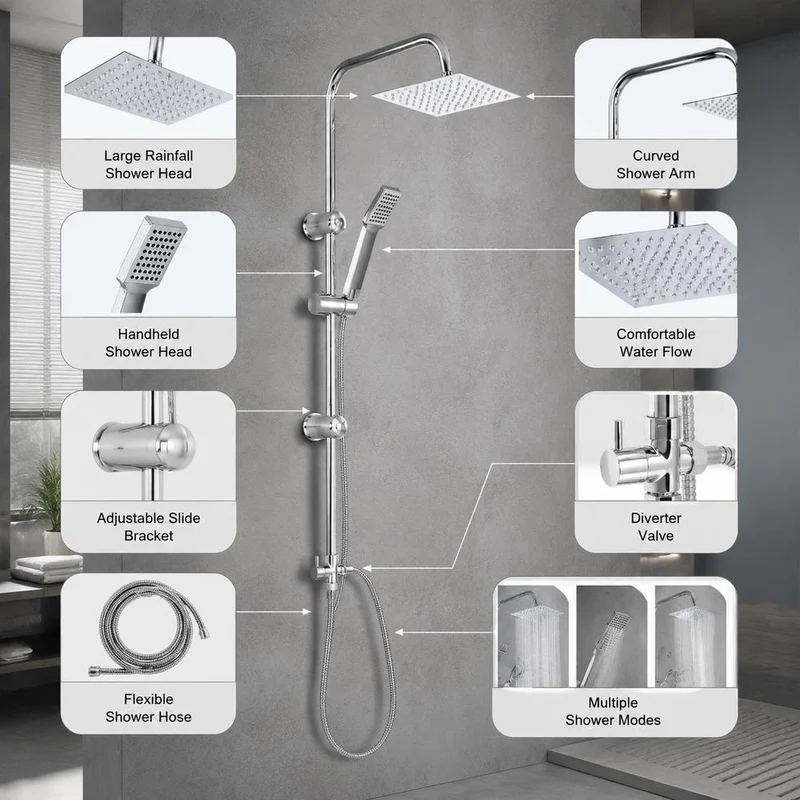 Colonne de douche chrome avec ciel de pluie carré et douchette multi-jets