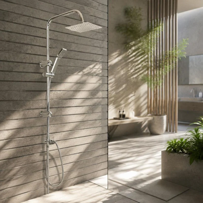 Colonne de douche chrome avec ciel de pluie carré et douchette multi-jets