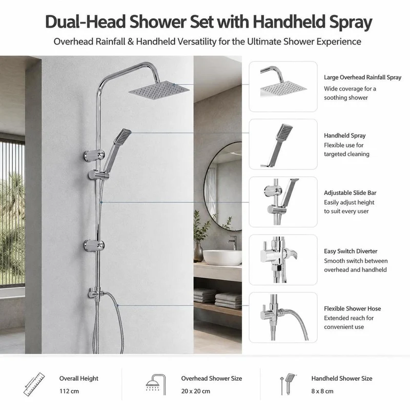 Colonne de douche chrome avec ciel de pluie carré et douchette multi-jets