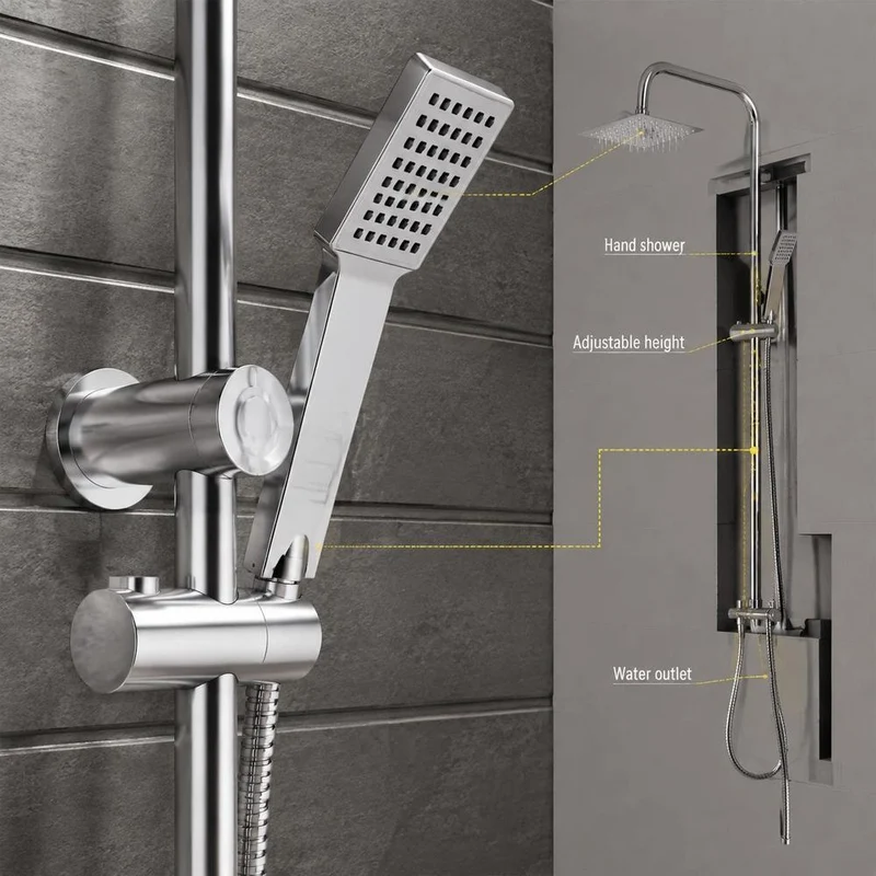Colonne de douche chrome avec ciel de pluie carré et douchette multi-jets