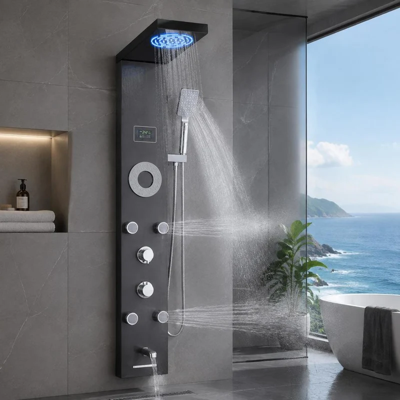 Colonne de douche 6 fonctions avec 5 jets, écran de température et LED