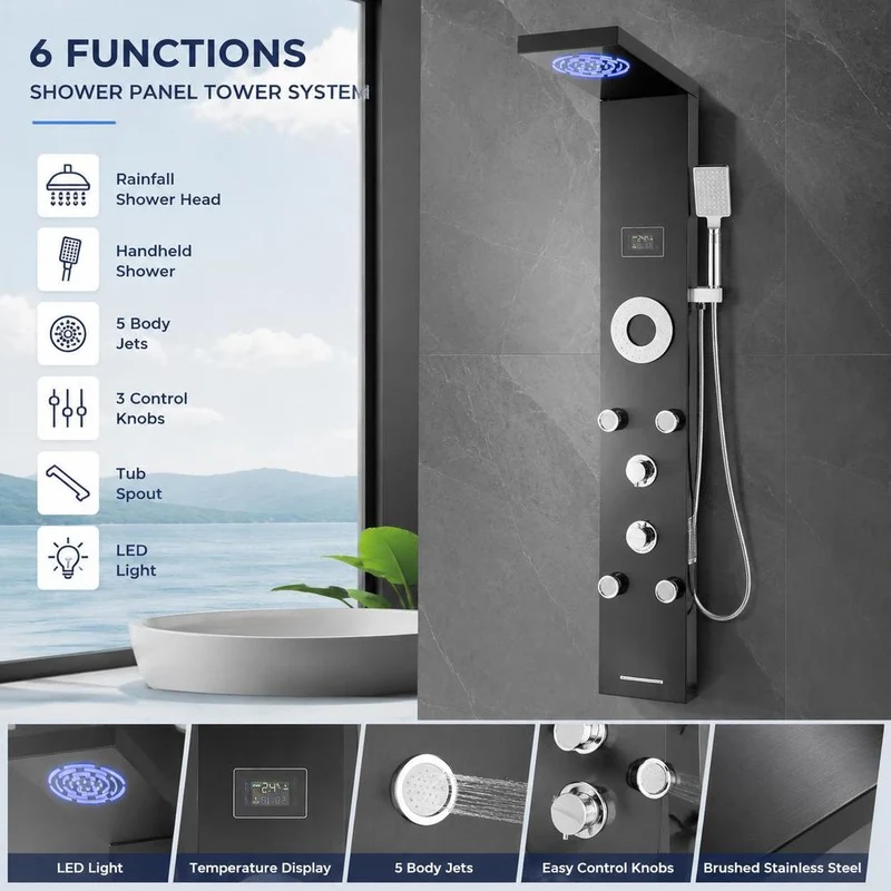 Colonne de douche 6 fonctions avec 5 jets, écran de température et LED
