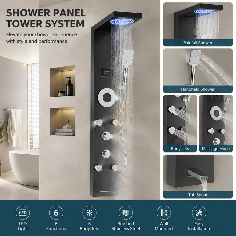 Colonne de douche 6 fonctions avec 5 jets, écran de température et LED
