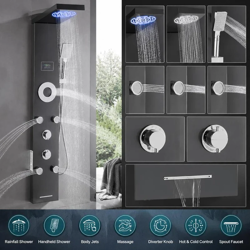 Colonne de douche 6 fonctions avec 5 jets, écran de température et LED