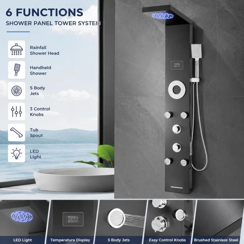 Colonne de douche 6 fonctions avec 5 jets, écran de température et LED
