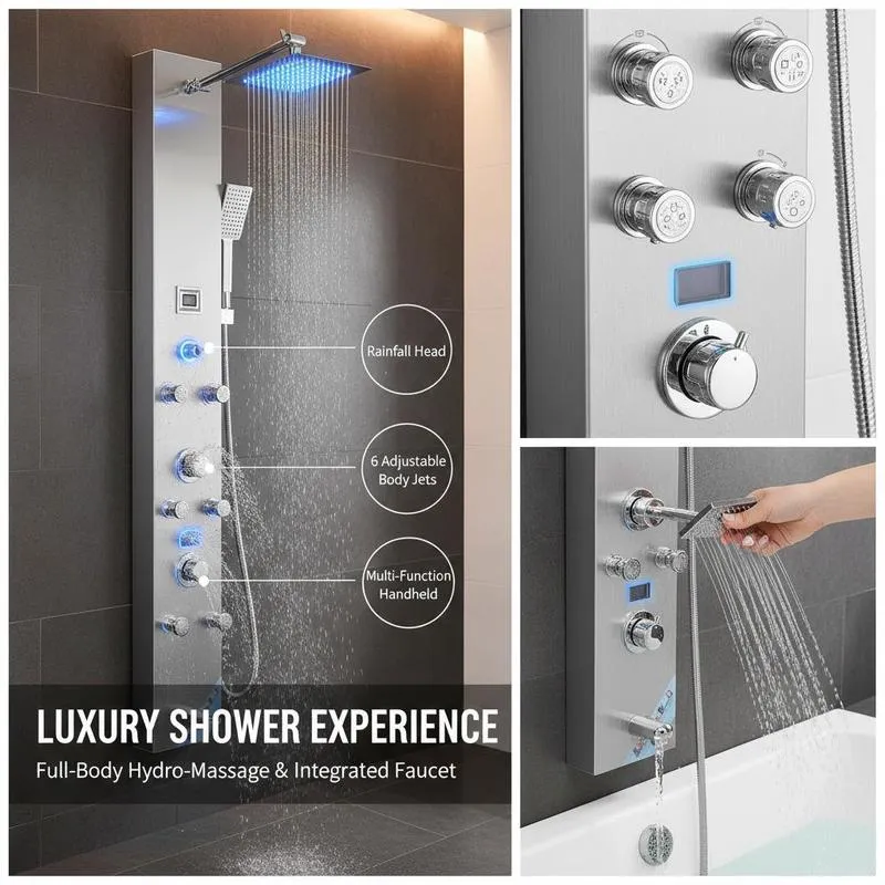 Colonne de douche hydromassante 6 jets avec éclairage LED et bec de baignoire