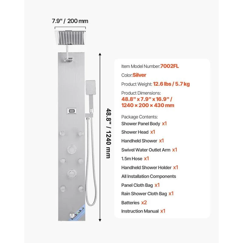 Colonne de douche hydromassante 6 jets avec éclairage LED et bec de baignoire