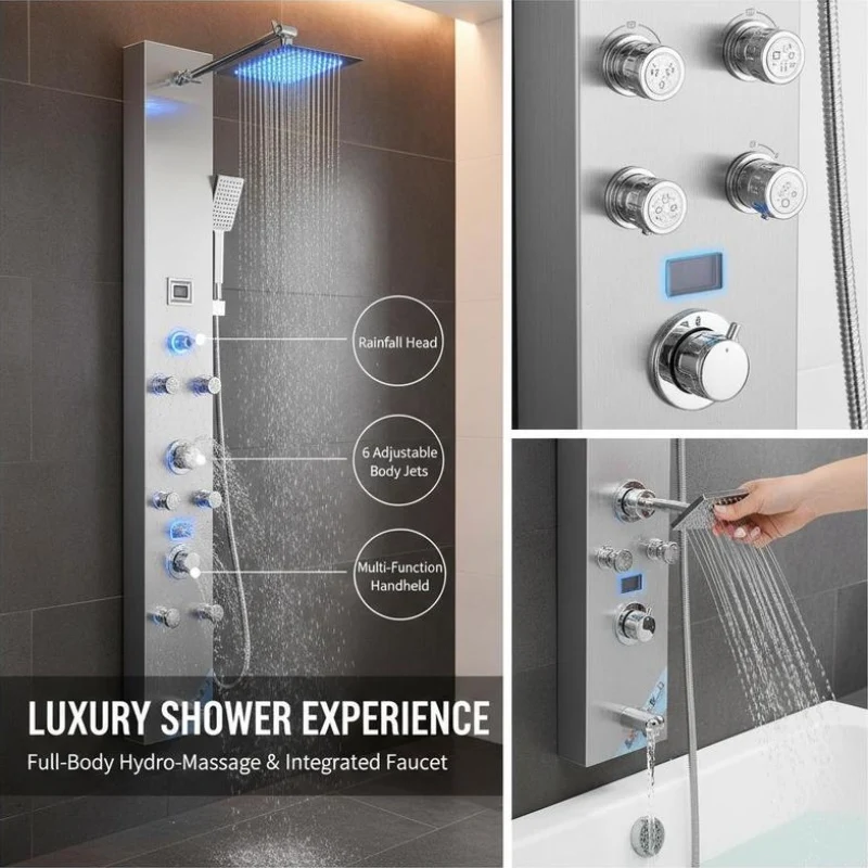 Colonne de douche hydromassante 6 jets avec éclairage LED et bec de baignoire