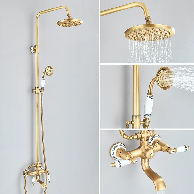 Colonne de douche rétro en laiton avec bec de baignoire et deux poignées