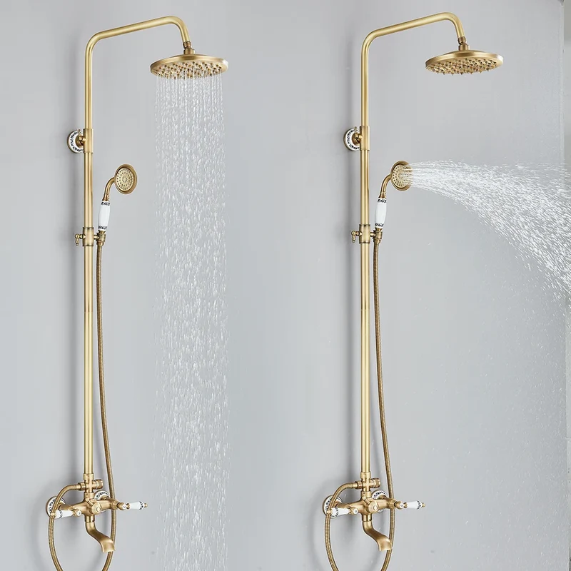 Colonne de douche rétro en laiton avec bec de baignoire et deux poignées