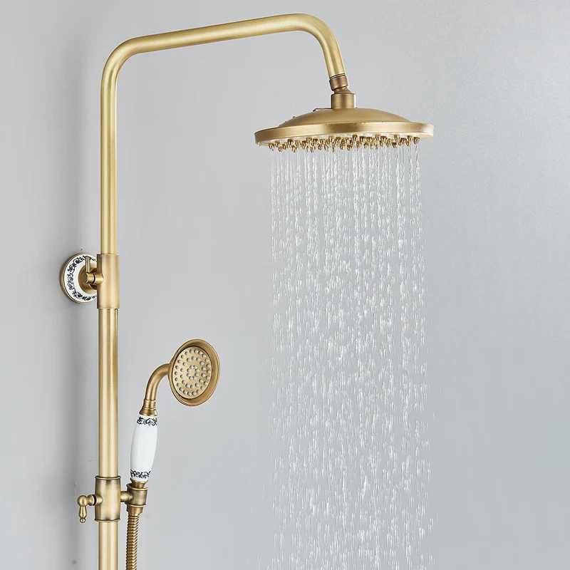 Colonne de douche rétro en laiton avec bec de baignoire et deux poignées