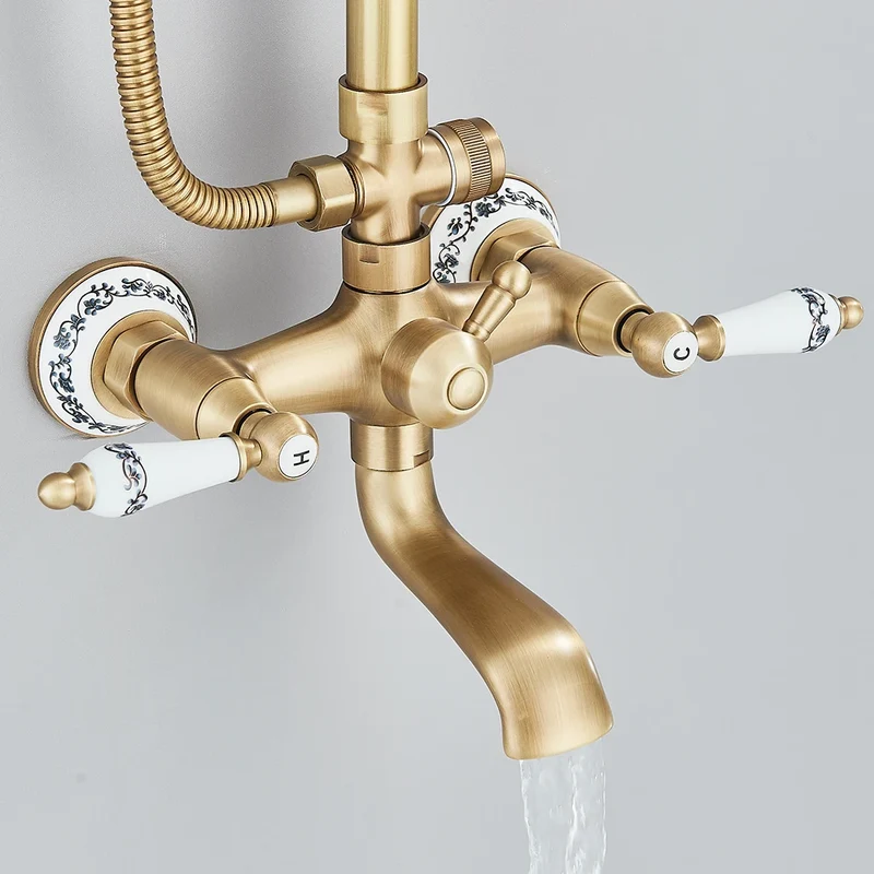 Colonne de douche rétro en laiton avec bec de baignoire et deux poignées
