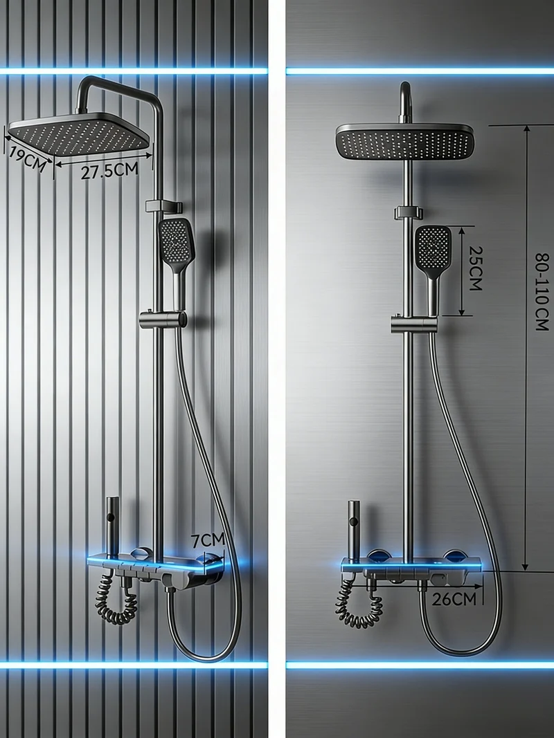 Colonne de douche à cascade avec tablette lumineuse LED et écran digital