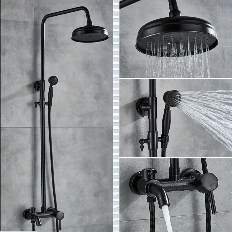 Colonne de douche rétro noire avec ciel de pluie rond et douchette