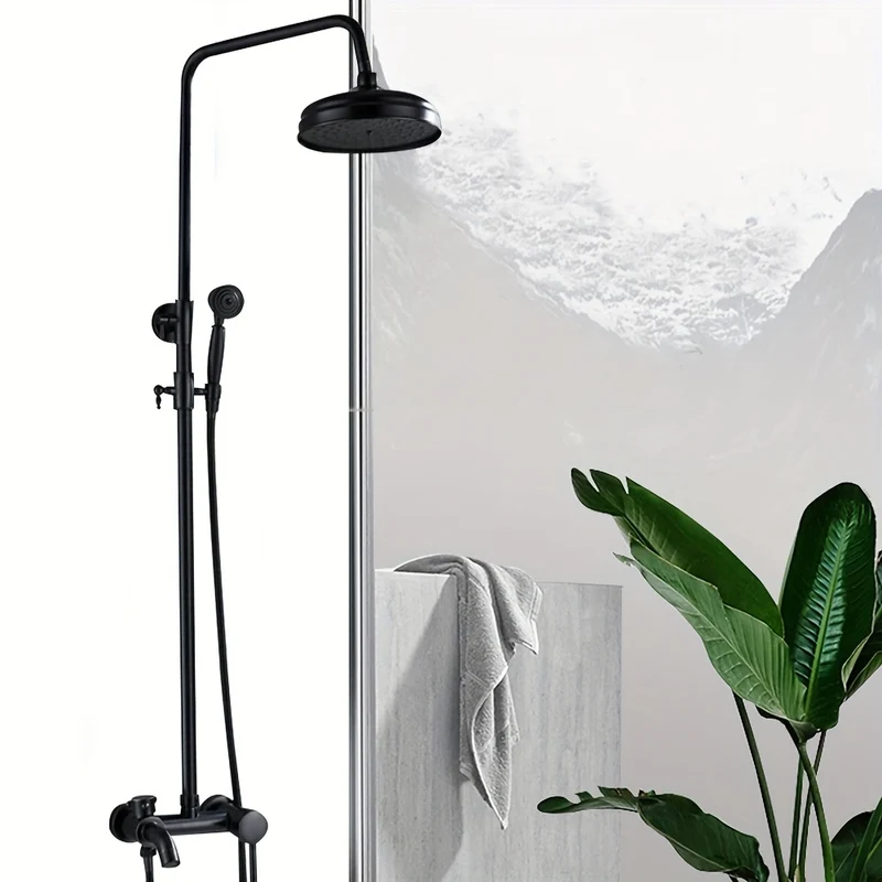 Colonne de douche rétro noire avec ciel de pluie rond et douchette