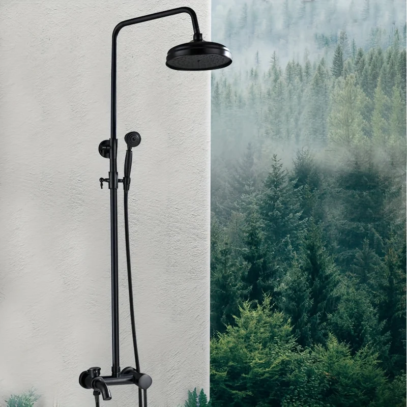 Colonne de douche rétro noire avec ciel de pluie rond et douchette
