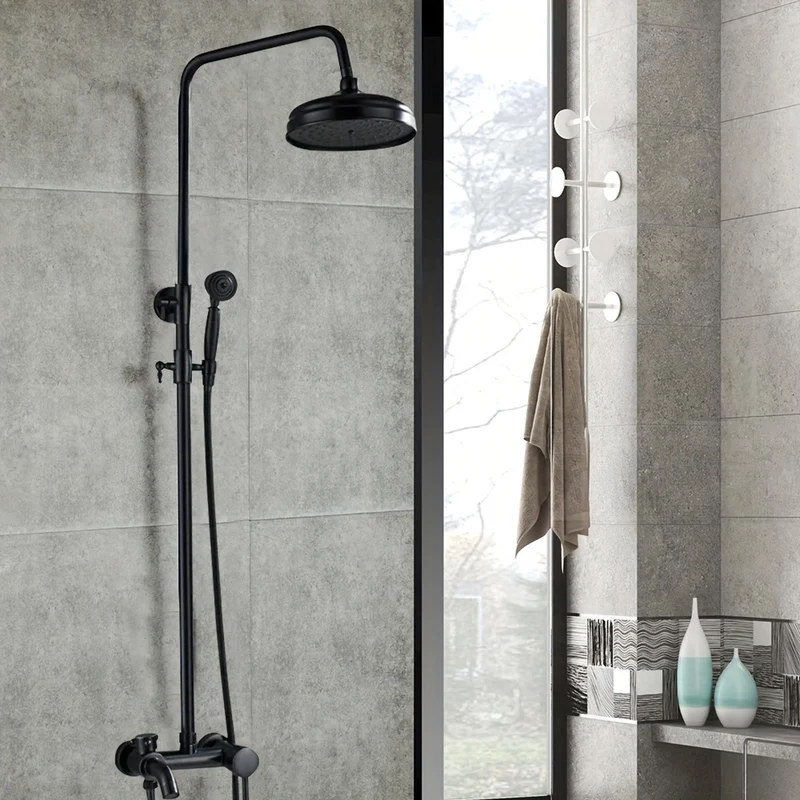 Colonne de douche rétro noire avec ciel de pluie rond et douchette