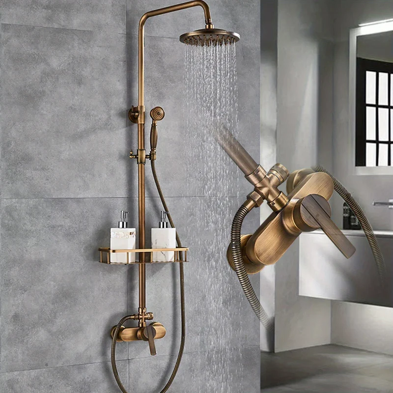 Colonne de douche rétro en laiton vieilli avec tablette et douchette
