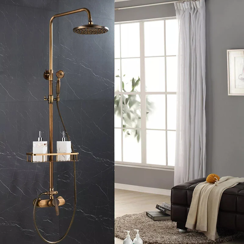 Colonne de douche rétro en laiton vieilli avec tablette et douchette